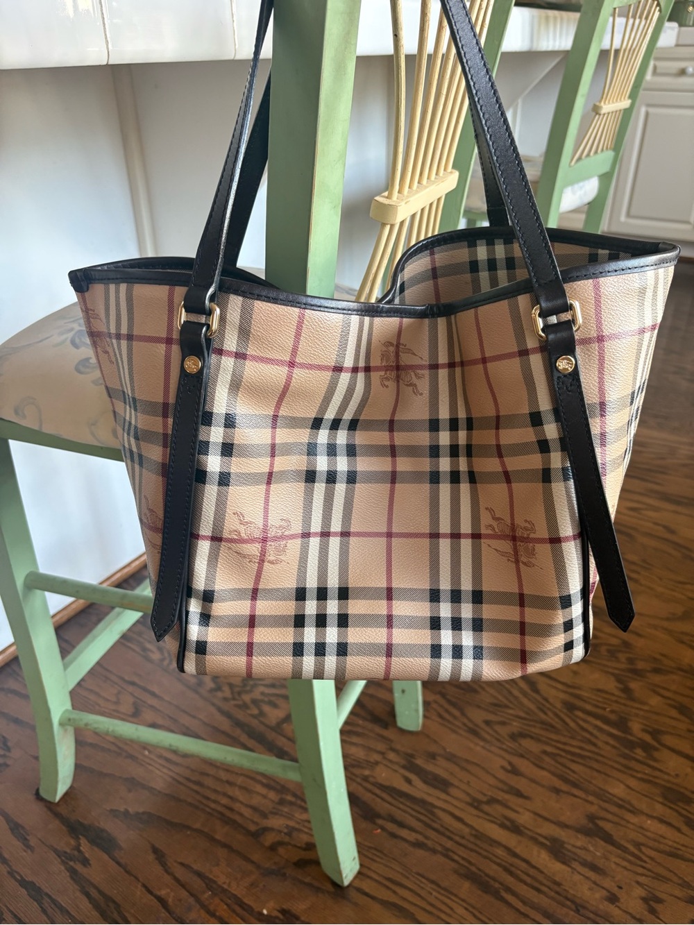 Authentic Burberry Beige Nova Check Tote with Dark Brown Leather and Gold Accent - Picture 3 of 11